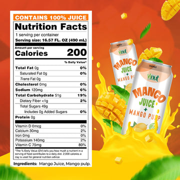 Vinut 100% Mango Juice With Pulp (16.57 Fl Oz, Pack Of 12), No Sugar Added, All Nature Mango Juice, Not From Concentrate, Mango