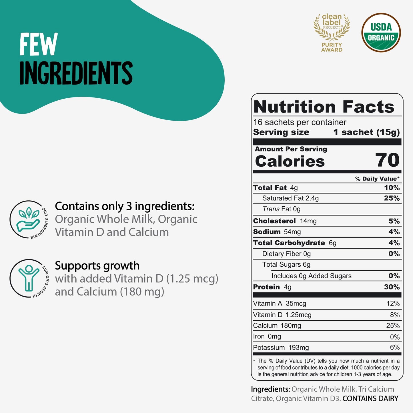 Voyager Toddler Milk On The Go, USDA Organic Shelf Stable Whole Milk Powder, Great for Travel, No Refrigeration, Gluten Free wit