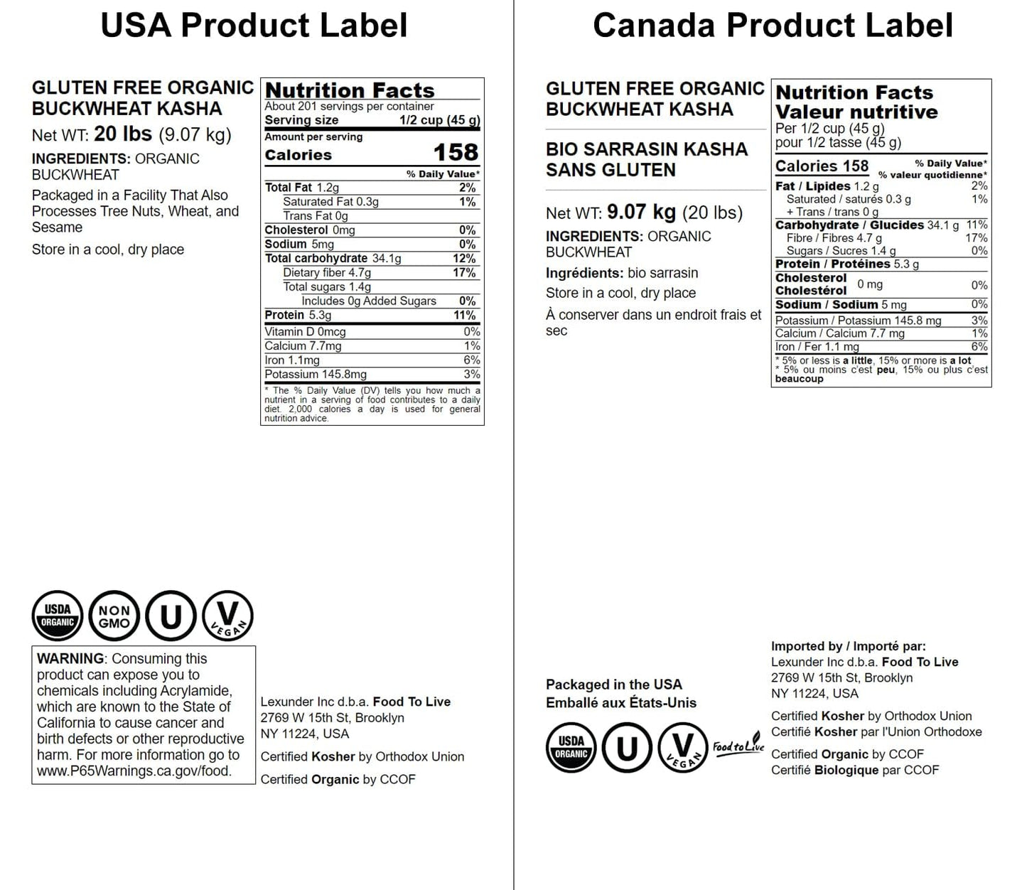 Food to Live Gluten Free Organic Roasted Buckwheat Kasha, 20 Pounds - Non-GMO Whole Groats. Quick-Cooking. Good Source of Fiber,