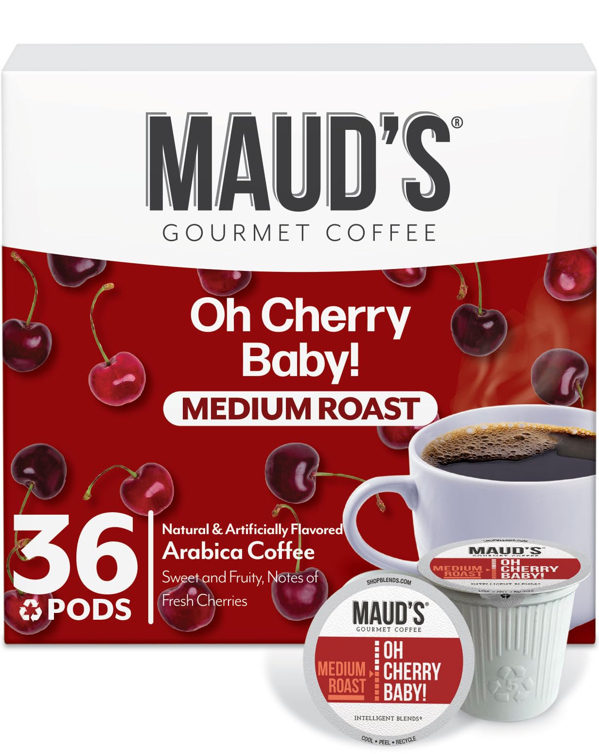 Maud's Cherry Flavored Coffee Pods, 36 Ct, Medium Roast Flavored Coffee In Recyclable Single Serve Pods