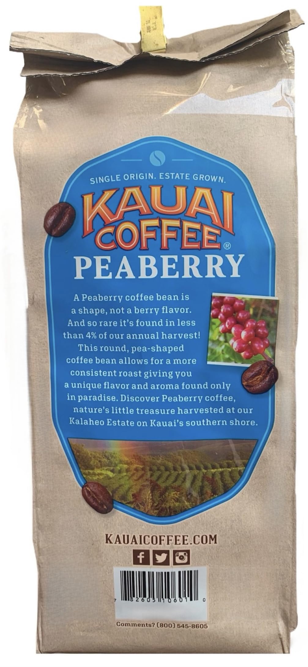 Kauai Coffee 100% Hawaiian Peaberry Whole Bean Coffee - 1Lb