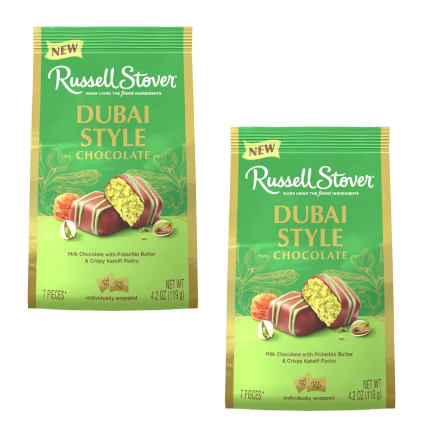Russell Stover Dubai Style Chocolate - Pack Of 2-4.2 Oz Bags - Made Using The Finest Ingredients - Milk Chocolate With Pistachio Butter