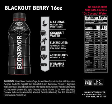BODYARMOR Sports Drink, Blackout Berry, Coconut Water Hydration, 16 Fl Oz, Pack of 12, Natural Flavors & Electrolytes for Athletes