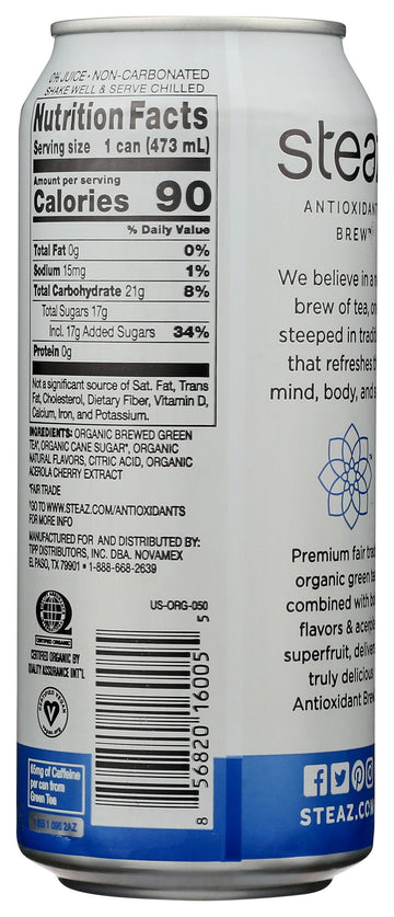 Steaz Organic Iced Green Tea, Blueberry And Pomegranate, 16 Oz