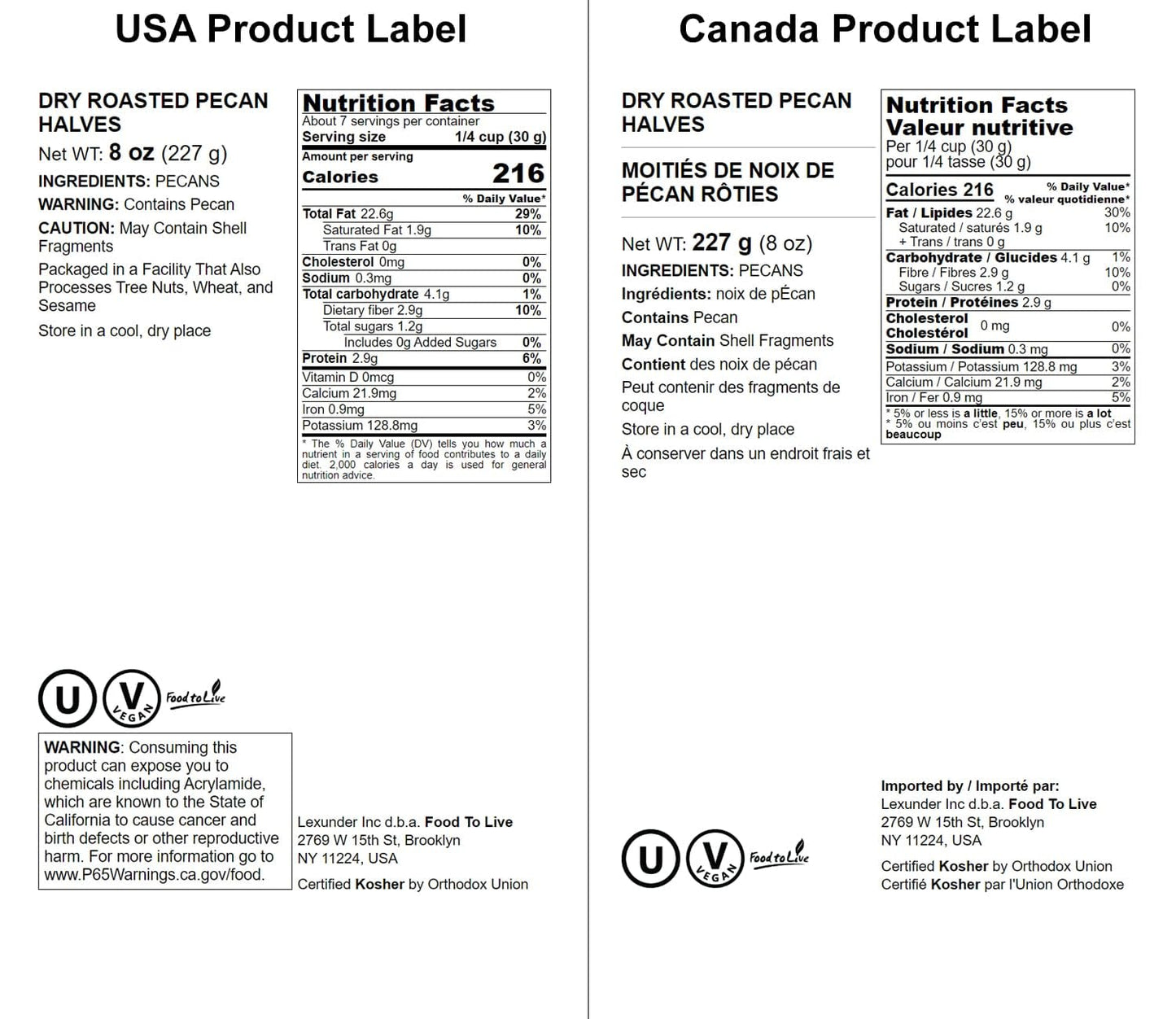 Food To Live - Dry Roasted Pecan Halves, 8 Ounces - Oven Roasted Nuts, Unsalted, No Oil Added, Vegan, Kosher, Bulk. Good Source