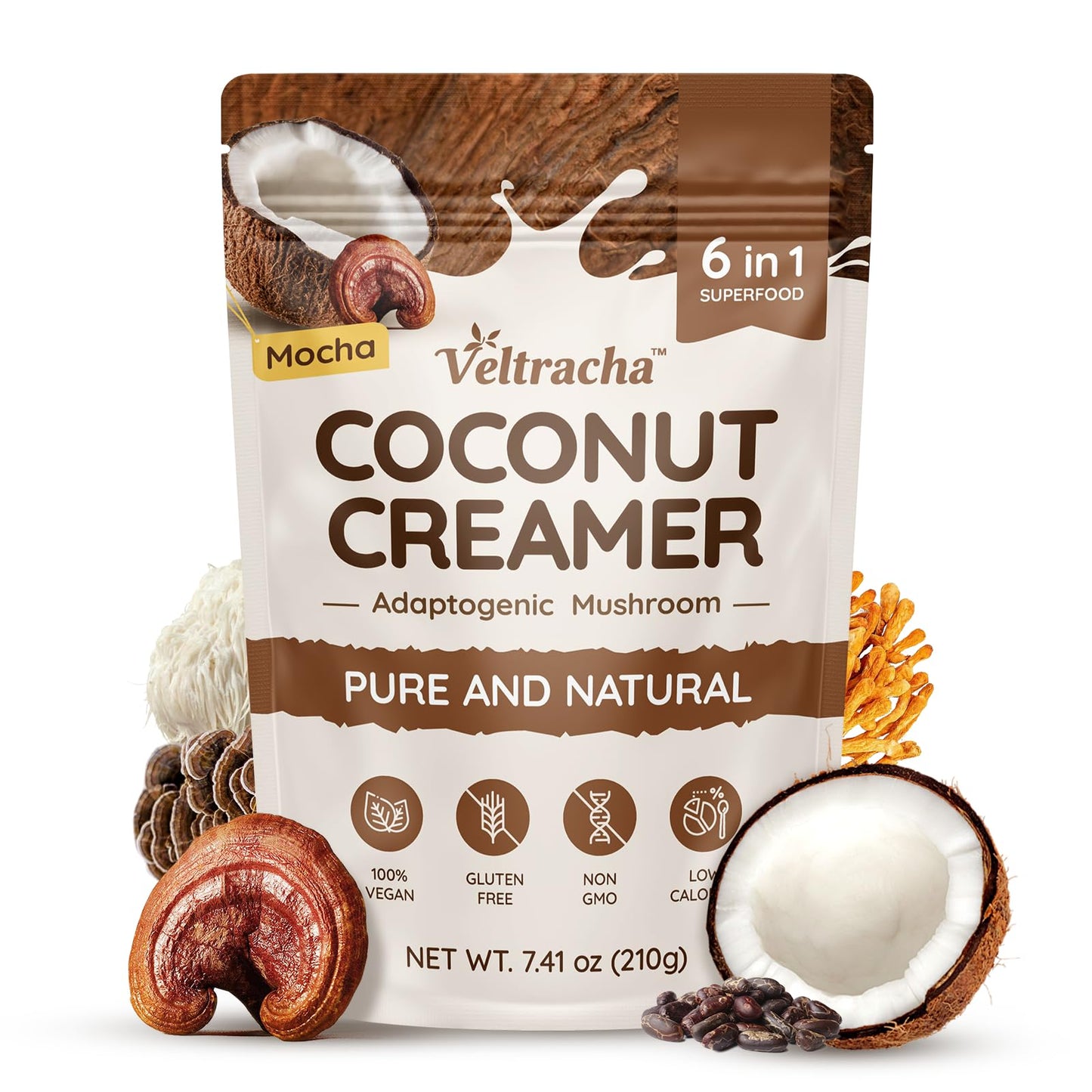 Veltracha Mushroom Coconut Coffee Creamer Coffee Mate Creamer Powder With Pure Coconut Extract And 6 Adaptogenic Mushroom Superfood Creamer Vegan & Unsweetened 7.41Oz (30 Servings) Mocha