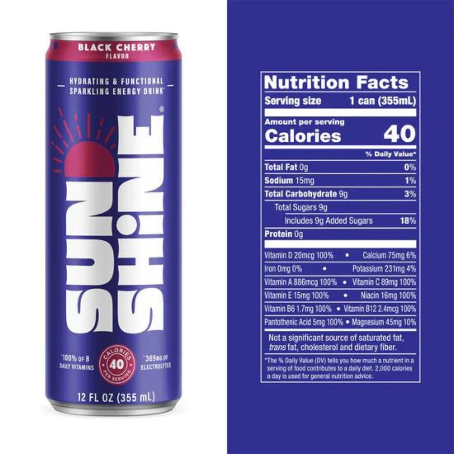 Sunshine Sparkling Energy Drink, Black Cherry With Daily Essential Vitamins, 360Mg Of Electrolytes, 70Mg Of Natural Caffeine, 12 Fl Oz (Pack Of 24)
