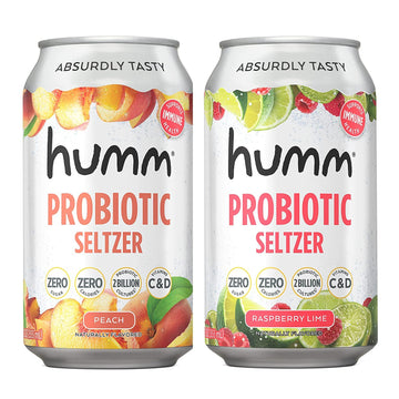 Humm Sparkling Water Variety Pack, Peach & Raspberry Lime Seltzer, Zero Sugar, Zero Calorie, Whole30 Approved Probiotic Drink, 2