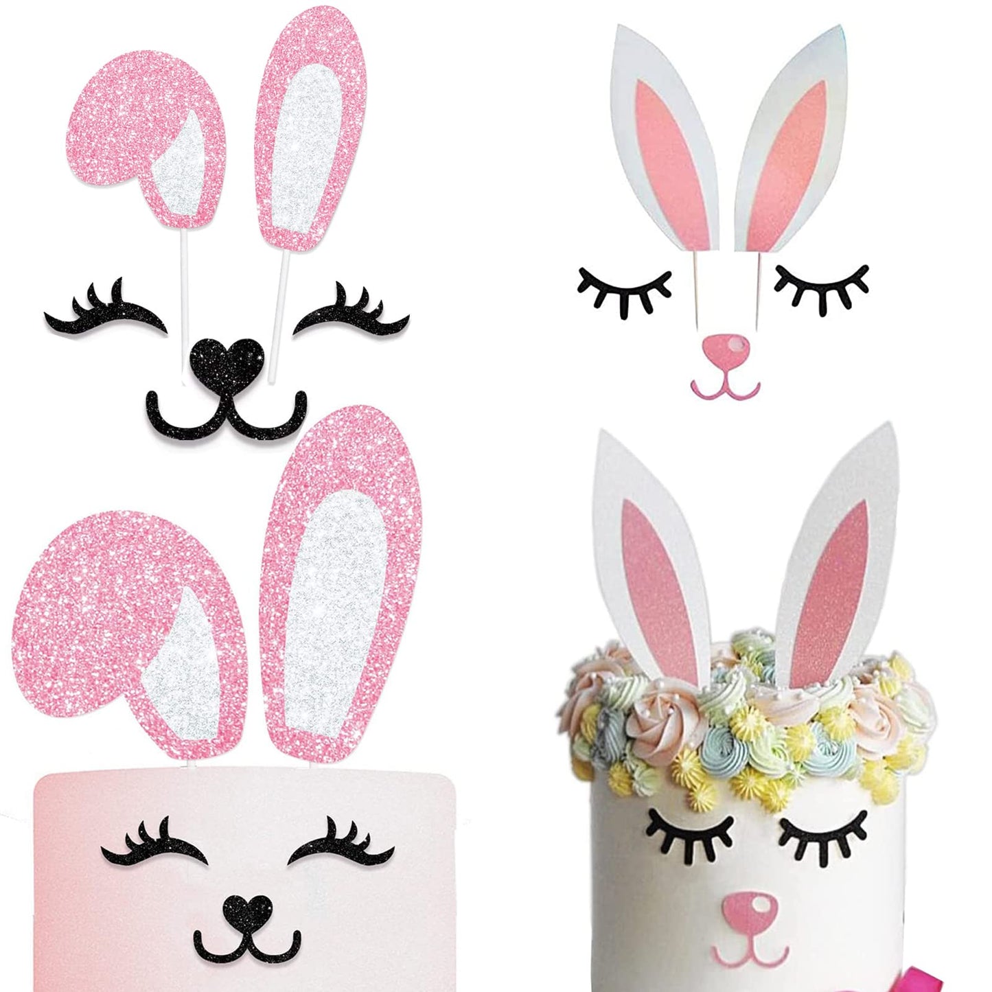 Easter Bunny Cake Toppers Decorations Glitter Bunny Ears Cake Topper With Eyelashes Nose Picks For Easter Rabbit Theme Party Decorations Spring Party Supplies