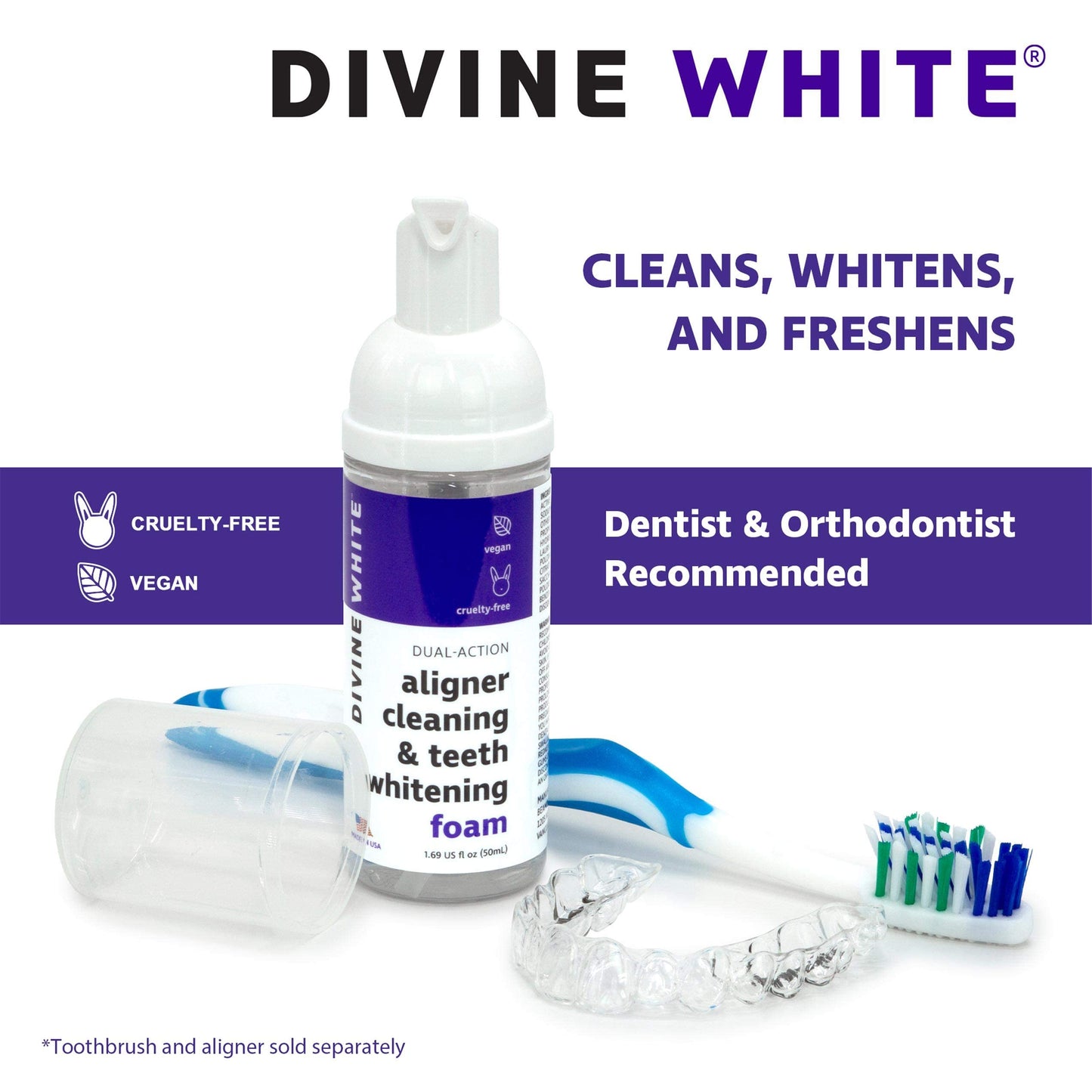 DIVINE WHITE Foam Toothpaste 4-Pack - Dual-Action Stain Remover & Teeth Whitening Cleaner for Invisalign, ClearCorrect, SmileDirectClub