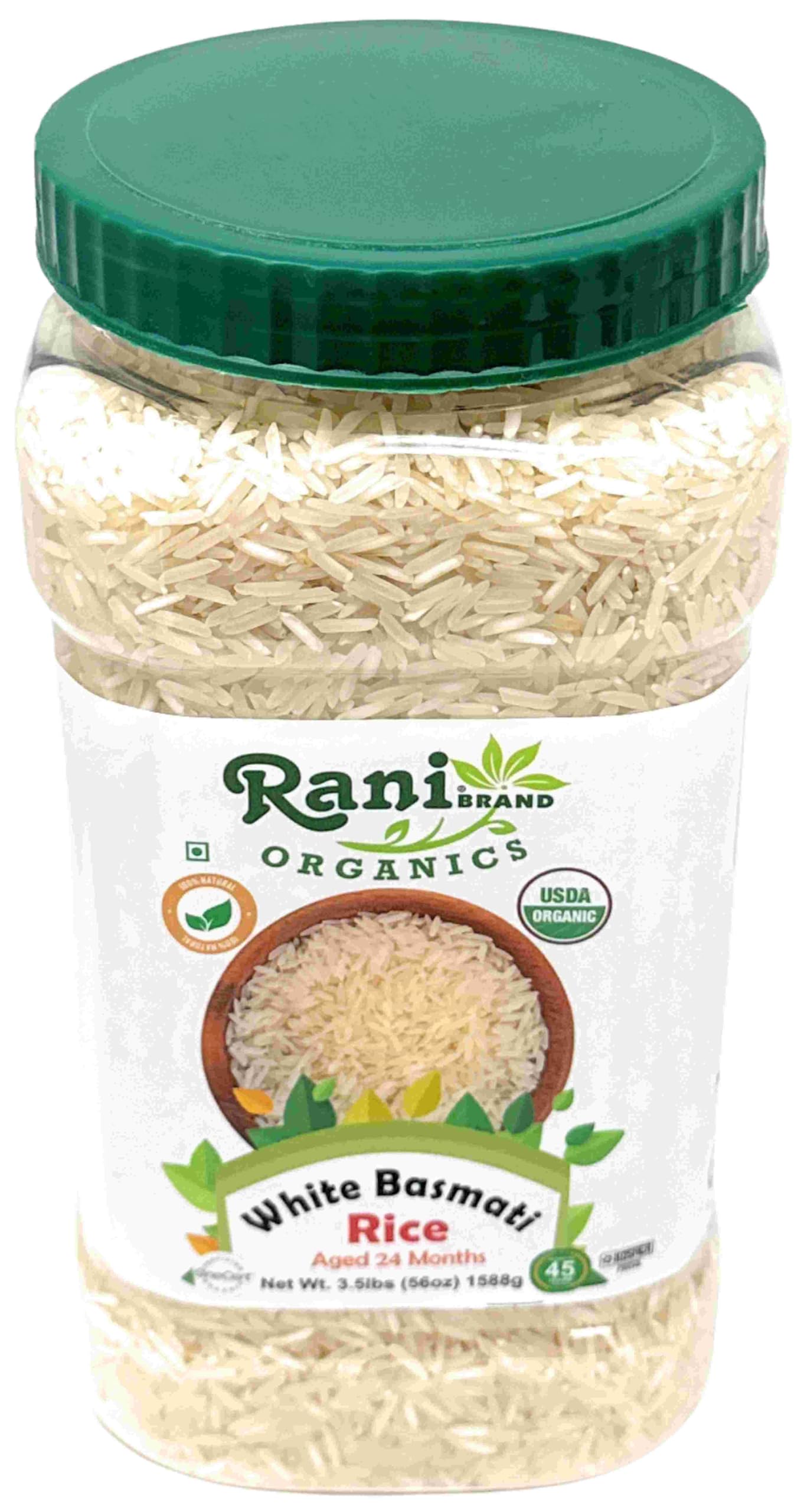 Rani Organic Platinum White Basmati Rice Extra Long Aged 56Oz (3.5Lbs) 1.59Kg Pet Jar ~ All Natural | Gluten Friendly | Vegan |