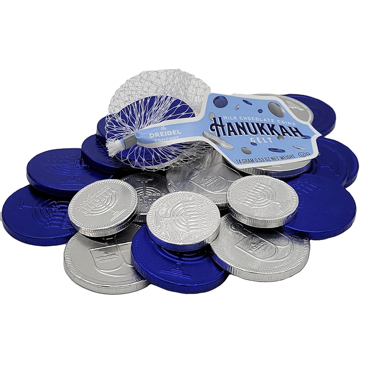 The Dreidel Company Hanukkah Chocolate Gelt, Blue & Silver Coins, 100 Mesh Bags, Gluten Free, Non-GMO, Kosher Certified Dairy