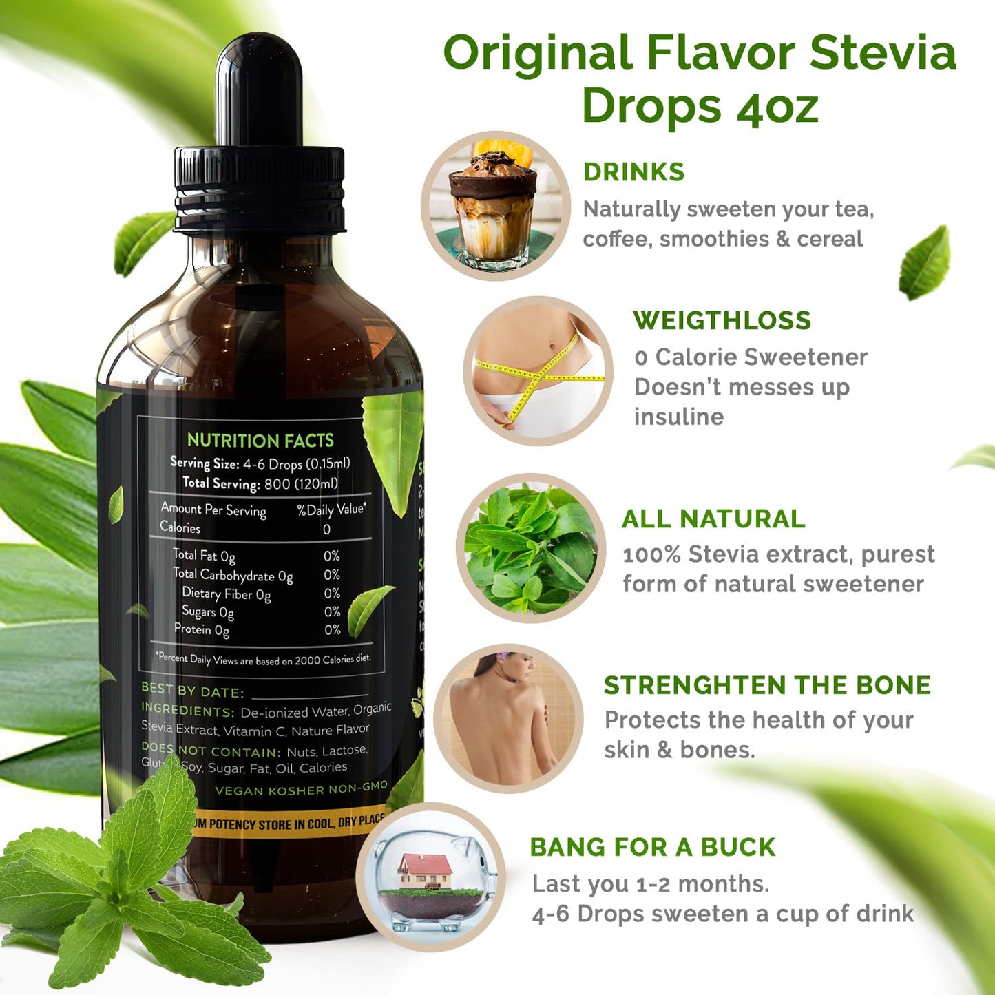 Enzo Liquid Stevia Drops - Zero Calories Sweetener, 4 Fl Oz, Hazelnut Flavor, 800 Servings, All Natural, No Additives