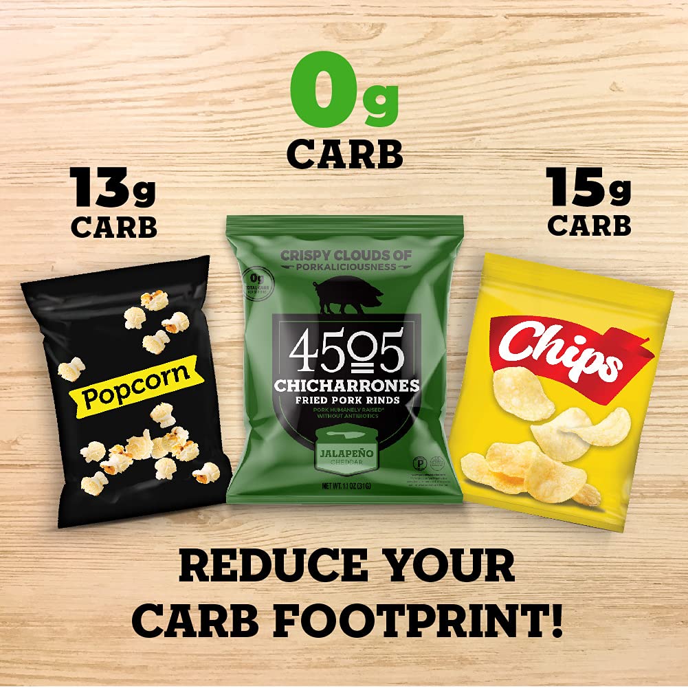 4505 Meats Jalapeno Cheddar Pork Rinds, Gluten Free Chicharrones, Keto Certified, Family Size Bag, 14 Servings, 7 Ounces