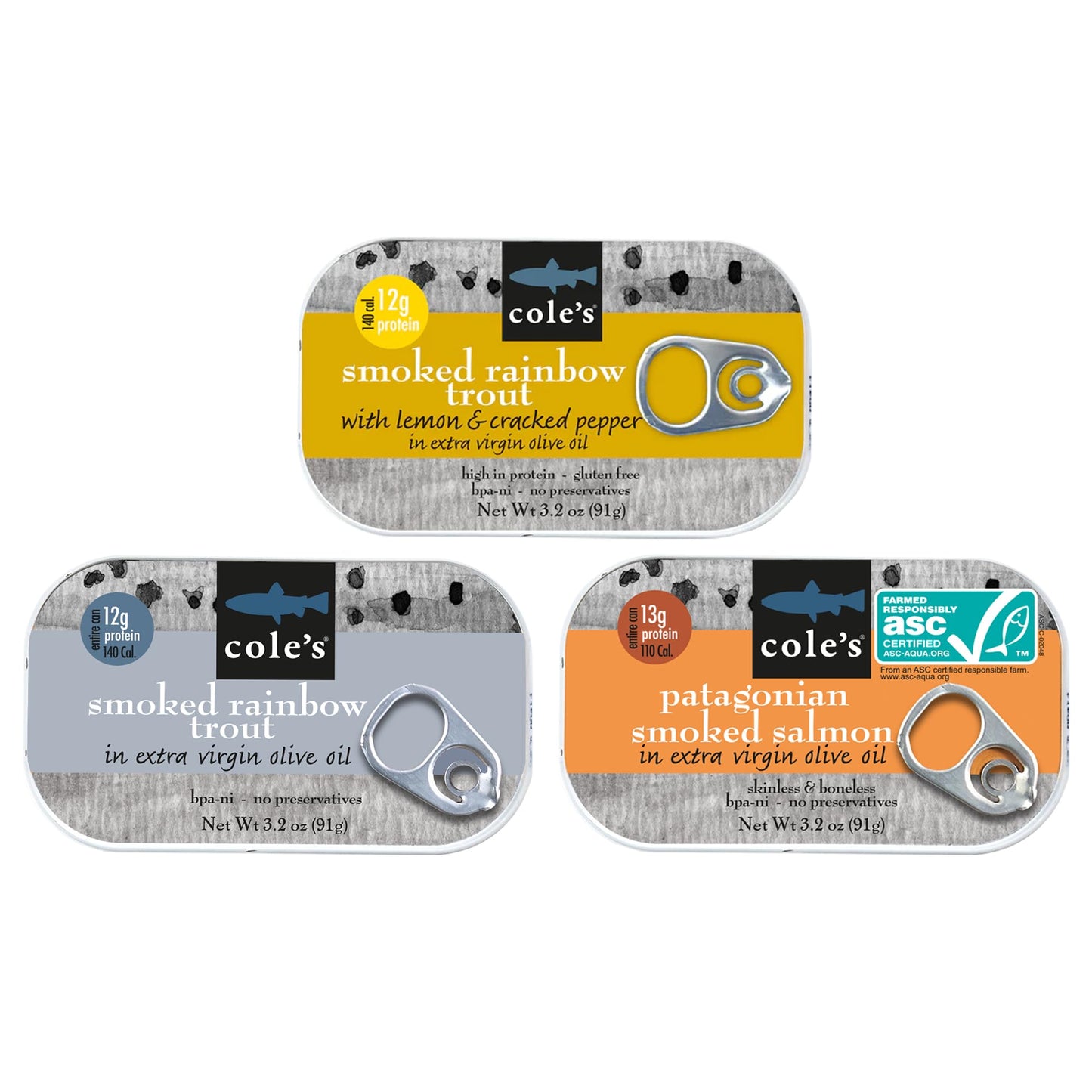 ColeS Canned Seafood Variety Pack - Salmon Rainbow Trout In Olive Oil & Trout With Lemon & Breaked Pepper | High In Protein Canned Fish- 3 Pack