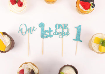24Pack First Birthday Cupcake Topper - Glitter Light Blue One Cupcake Picks,1St Birthday Cupcake Decorations Supplies (Light Blu