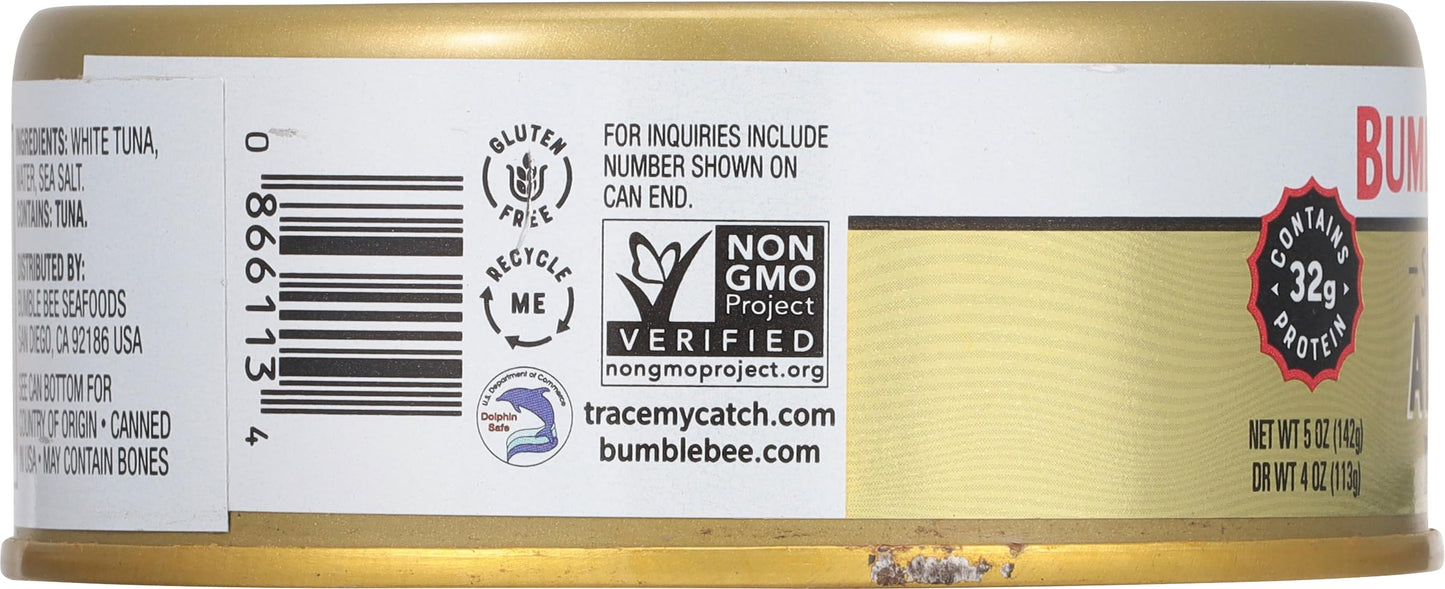 Bumble Bee Prime Solid White Albacore Tuna In Water, 5 Oz Can - Premium Wild Caught Tuna - 32G Protein Per Serving - Non-Gmo Project Verified, Gluten Free, Kosher