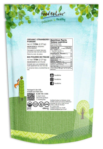 Food To Live Organic Strawberry Powder, 5 Pounds - Non-Gmo, Freeze-Dried, 100% Pure, No Additives, Vegan, Bulk. Easy To Mix. Ric
