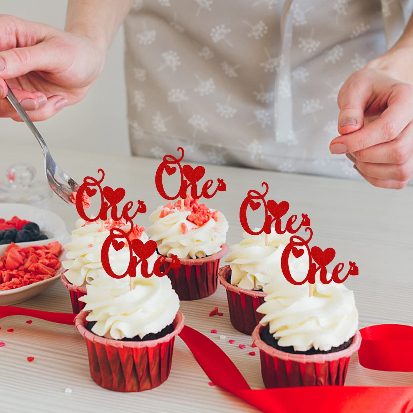 24 Pcs One Cupcake Toppers With Love Glitter Sweet Valentine'S Day 1St Birthday Party Cupcake Picks Wedding Anniversary Valentin