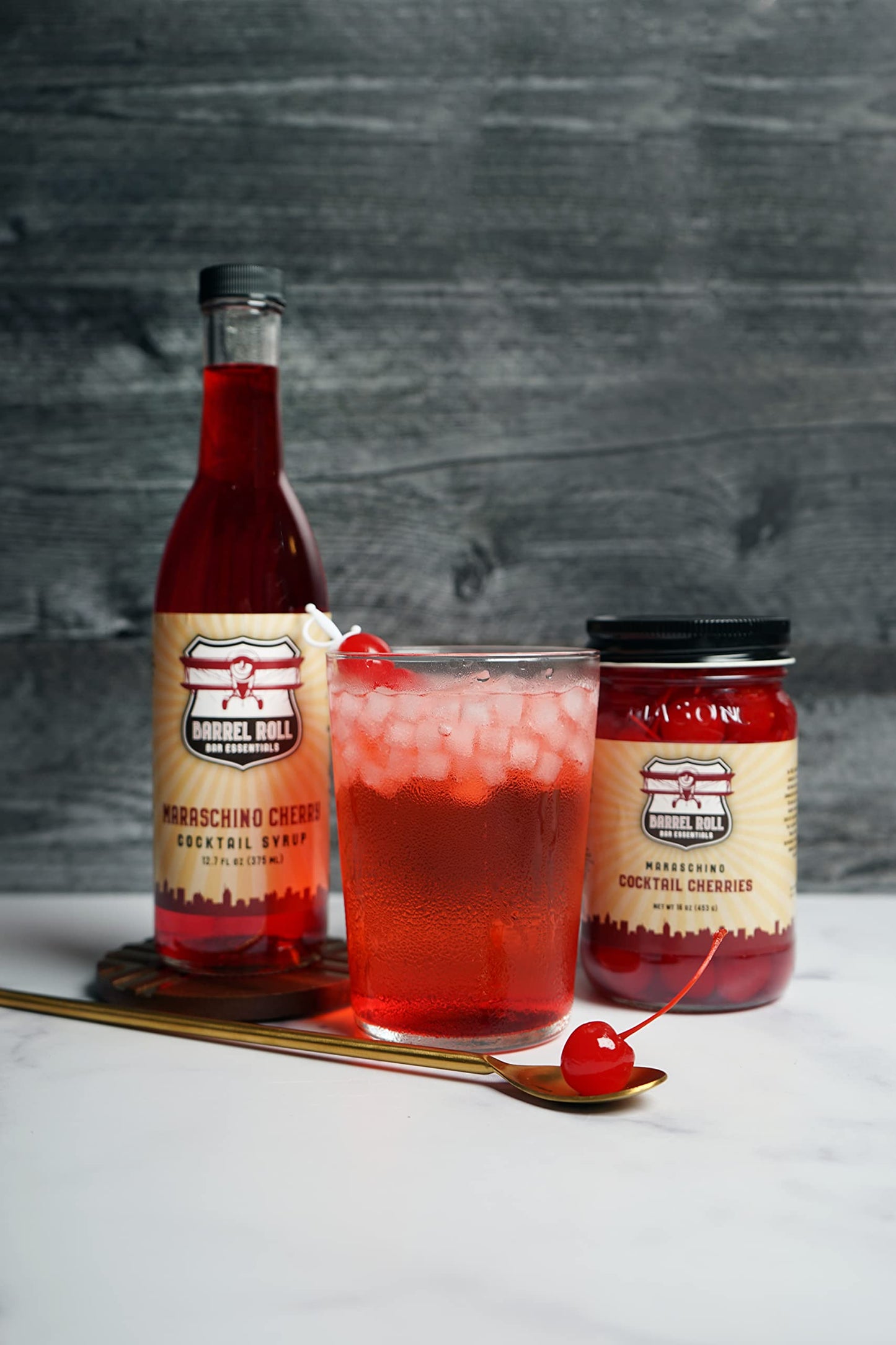 Barrel Roll Bar Essentials Premium Maraschino Cocktail Cherries - 16 Ounce, USA Made, Slow-Cooked Garnish for Drinks and Desserts