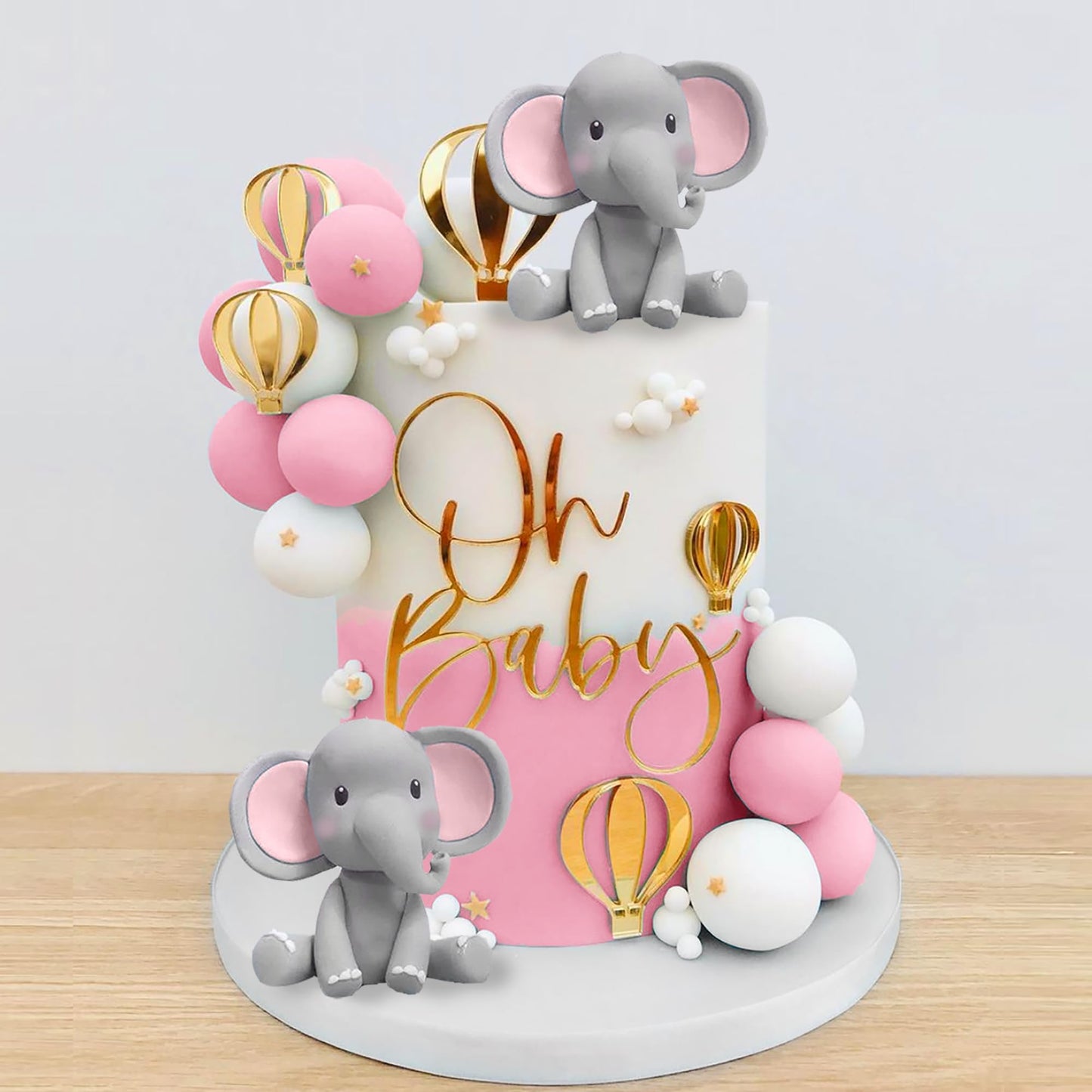 Elephant Cake Decoration With Mini Elephant Oh Baby Cake Topper Pink White Pearl Balls Hot Air Balloon For Baby Shower Girl Elephant Theme Birthday Party Supplies (Pink)