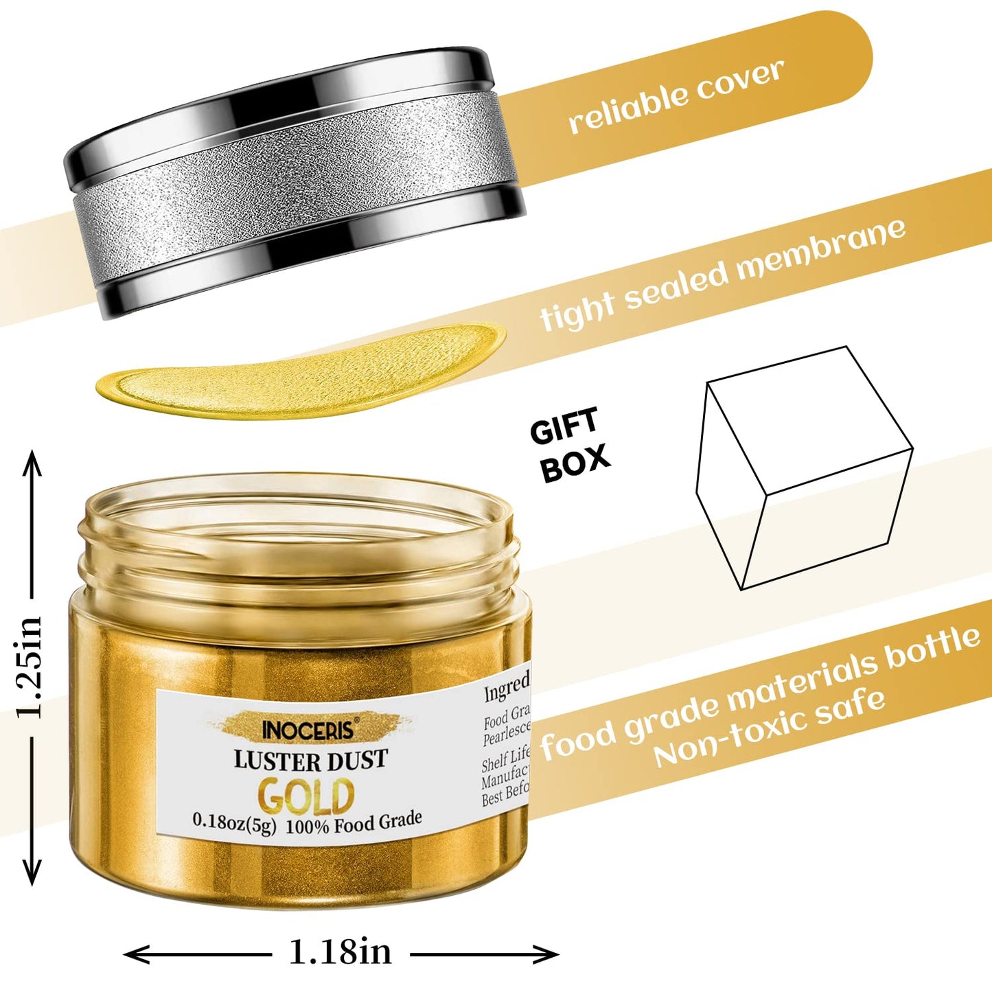 INOCERIS Edible Luster Dust, Food Grade Gold Shimmer Powder, 5 Grams, 1-Pack, Ideal for Cake Decorating and Baking