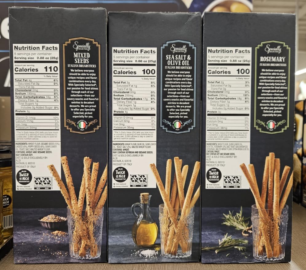 Specially Selected Italian Breadsticks Mixed Seeds, Sea Salt & Olive Oil, Rosemary 4.41oz 125g (Three Boxes)