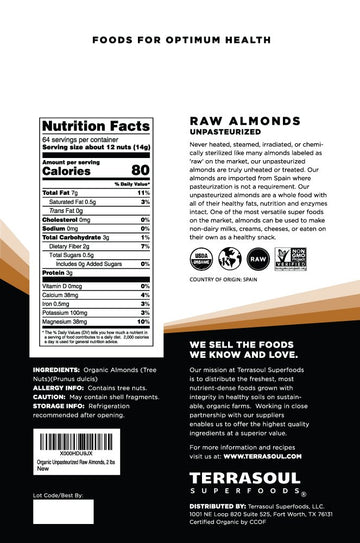 Terrasoul Superfoods Raw Unpasteurized Organic Almonds (Sproutable), 4 Pounds