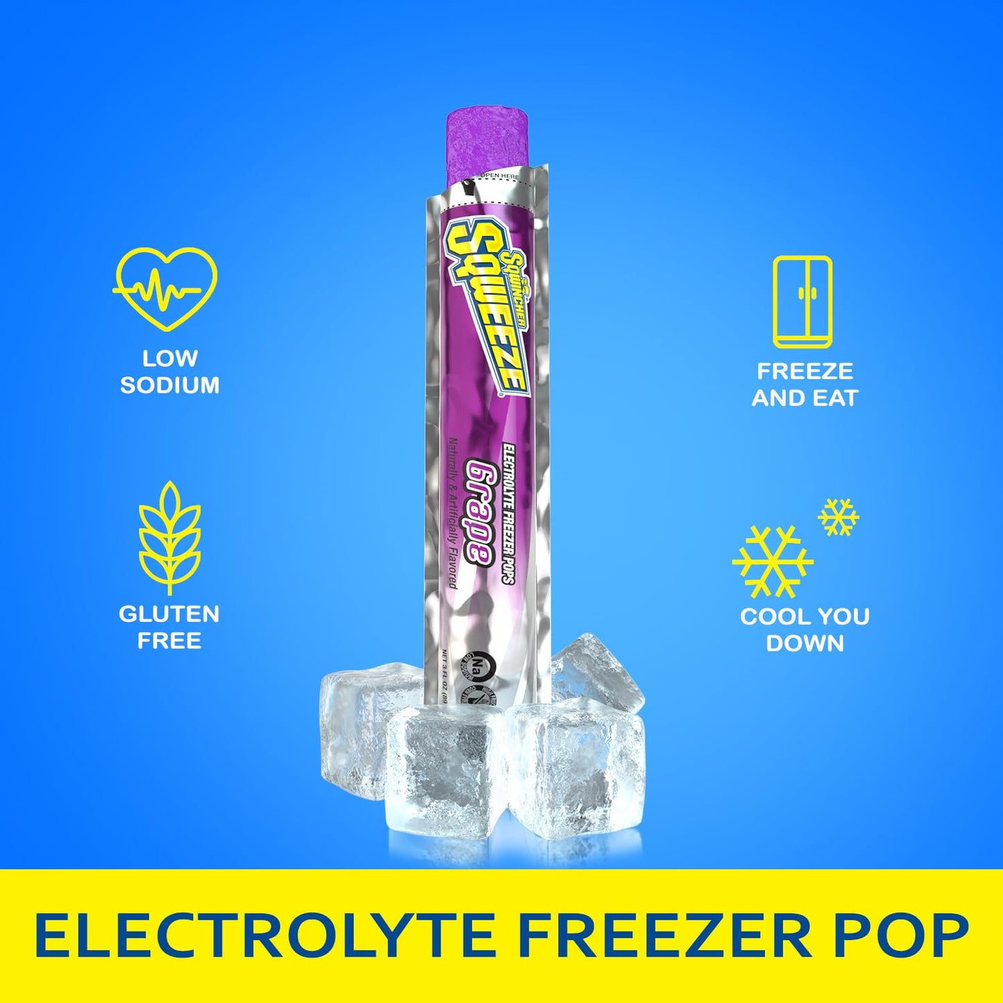 Sqwincher Sqweeze Low Sodium Electrolyte Freezer Pops, 5 Flavor Variety Pack - Lemon Lime, Grape, Cherry, Mixed Berry, Orange, (50 Total Freezer Pops)