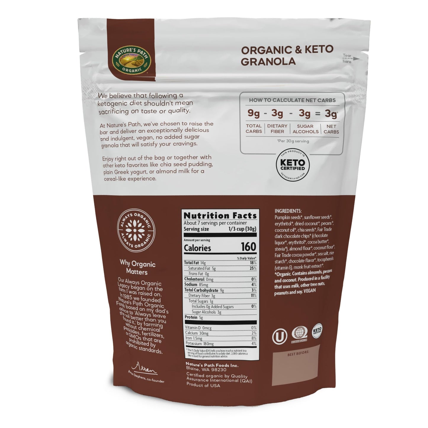 Natures Path Organic Keto Crunch Dark Chocolate Chip And Nut Granola, 8 Ounce, Keto Certified, Non-Gmo, Gluten Free, 3G Net Carb