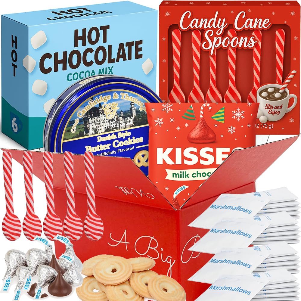 Holiday Hot Chocolate Gift Set With Marshmallow Peppermint Candy Cane Spoon Milk Chocolate Kisses & Danish Cookies | Christmas Treat Box Him Her Mum Dad Brother Sister & Office Stocking Stuffer