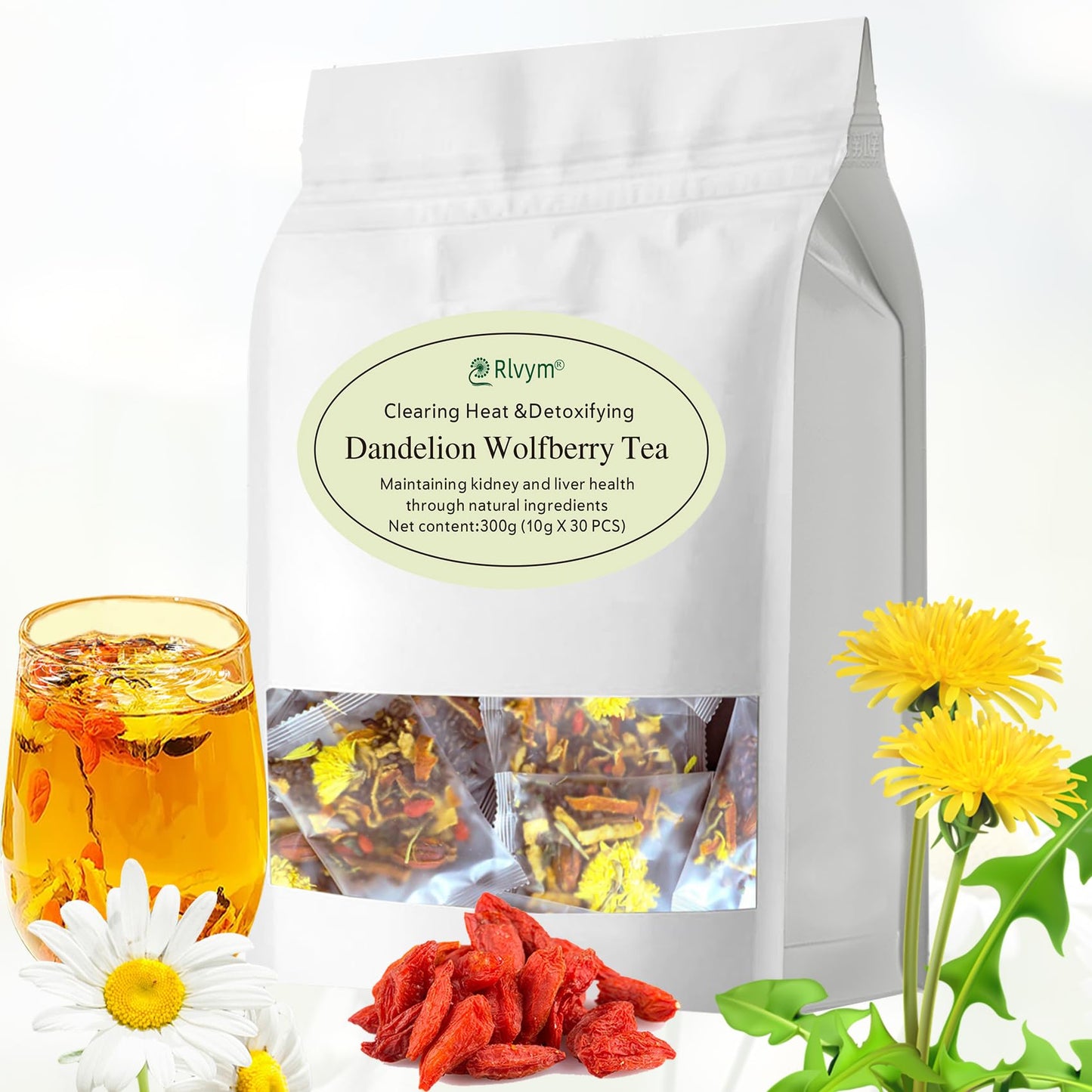 30pcs Dandelion Wolfberry Tea, Goji Berry Chrysanthemum Cassia Seed, Seven Natural Herbal Ingredients, Kidney & Liver Health Org