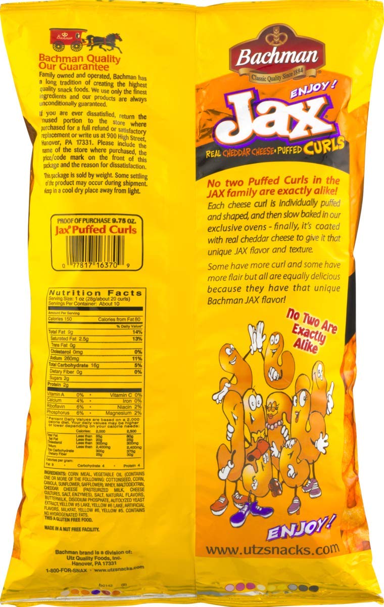 Bachman Jax Cheddar Cheese Puffed Curls 8.5 Oz Bags (4 Bags)