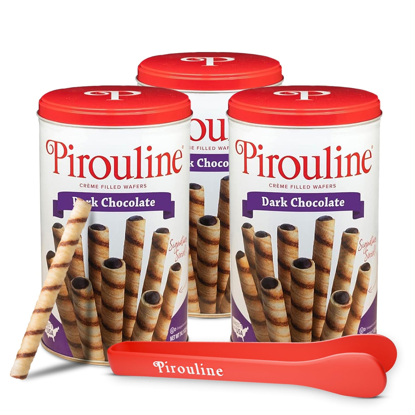 Pirouline Rolled Wafers – Dark Chocolate – Rolled Wafer Sticks Bundled With Serving Tongs, Crème Filled Wafers For Coffee, Tea, Ice Cream, Snacks, Parties, Gifts, And More – 14Oz Tin 3Pk