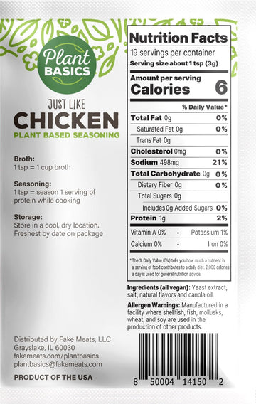 Plant Basics - Plant Based Seasoning, Just Like Chicken, 2 Ounce, Vegan, Gluten Free, Kosher, Non-Gmo