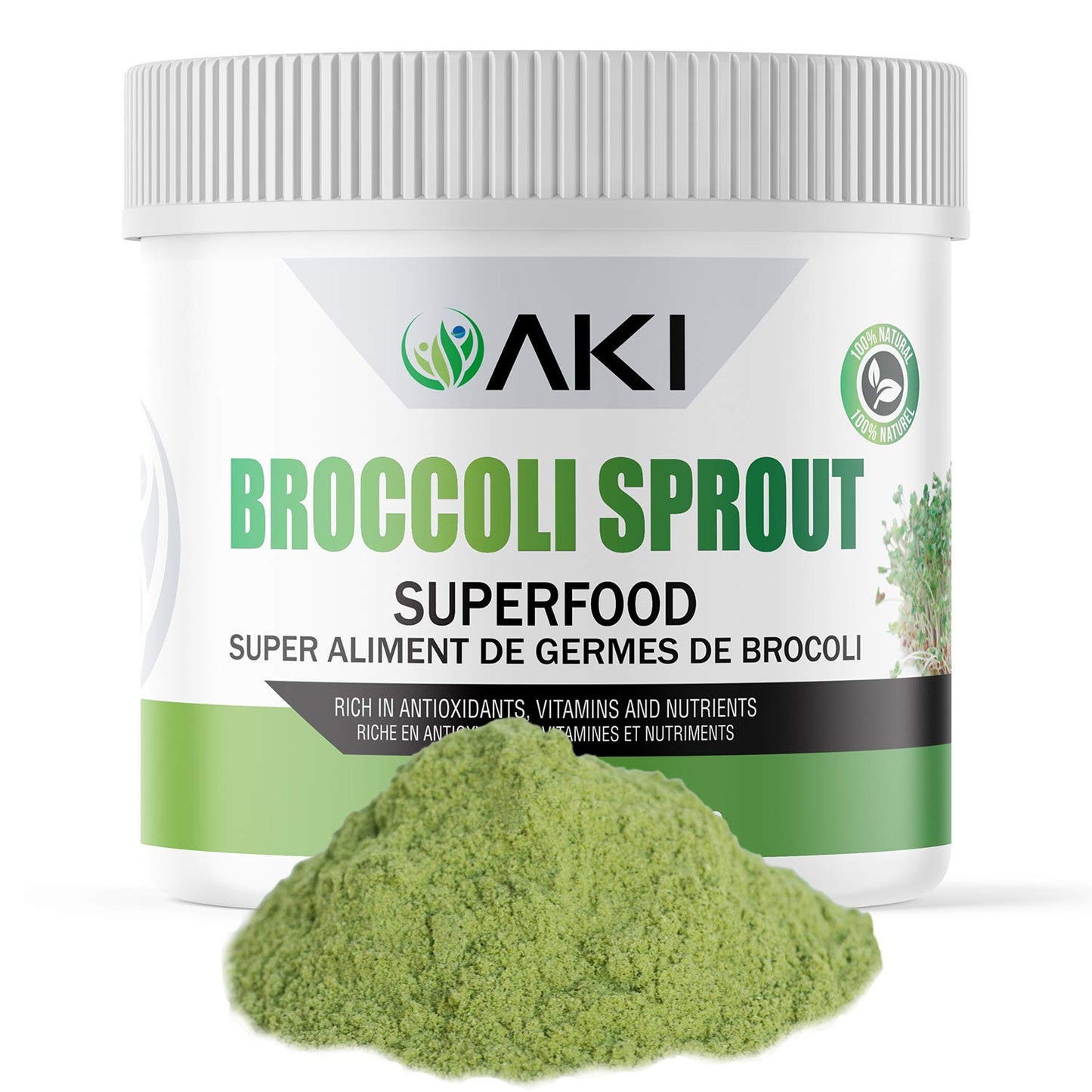 AKI Broccoli Sprout Powder - Ideal in Vitamins & Sulforaphane - Superfood for Green Veggie Smoothie Beverage or Meal - Non GMO (