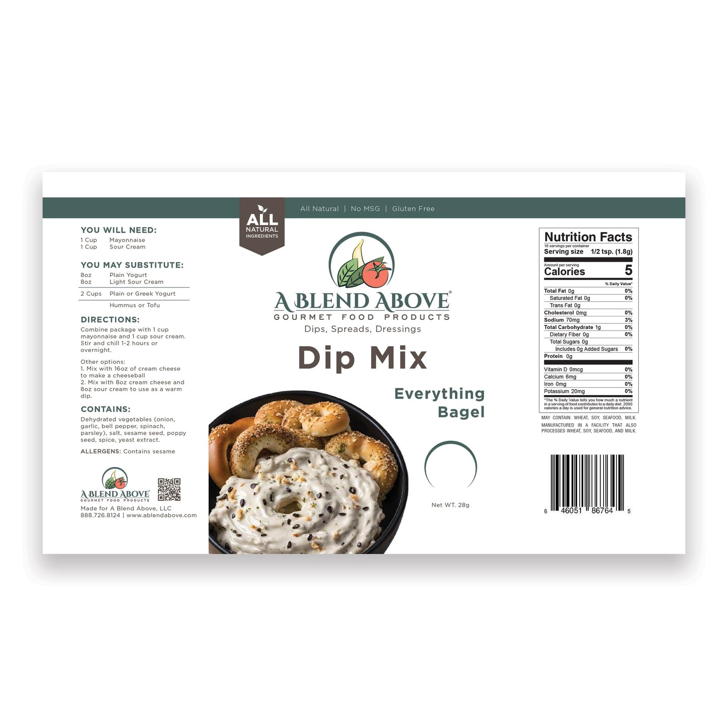 A Blend Above Everything Bagel Dip Mix, 3 Packs, 1 oz. Each, Makes 16 Ounces, Gluten-Free, No MSG, All Natural, No Preservatives