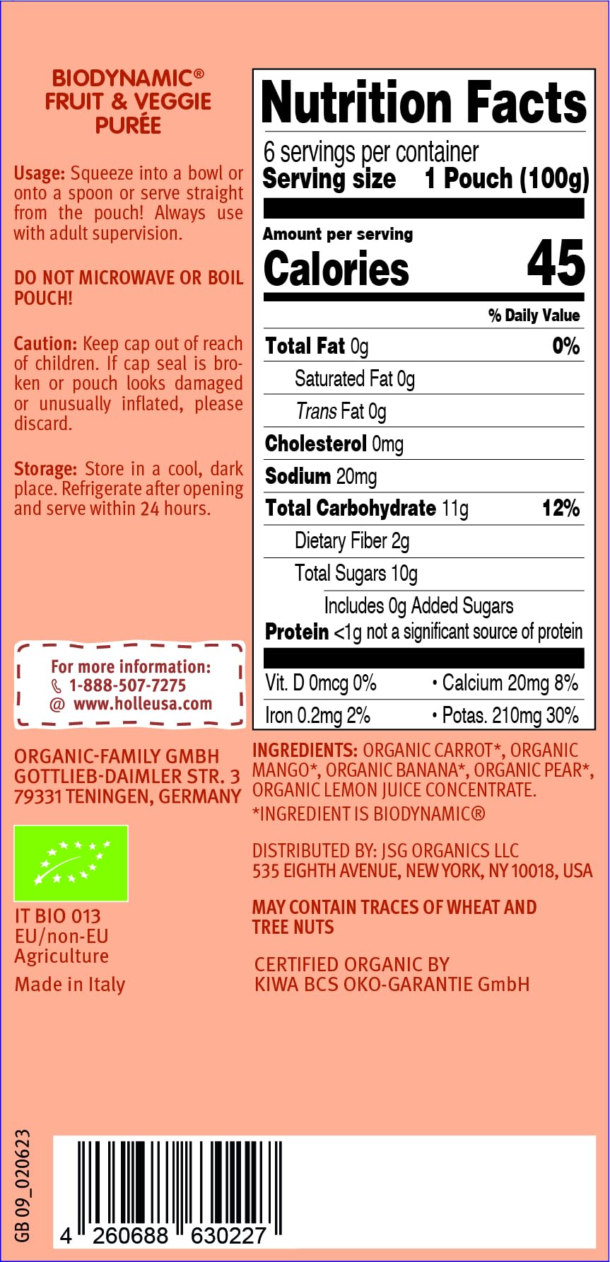 Holle Organic Baby Food Pouches - Carrot Cat Baby Puree With Carrot, Mango, Banana & Pear - (6 Pack) Organic Baby Snacks + Fruit And Veggie Pouches For Weaning Babies 6 Months And Older