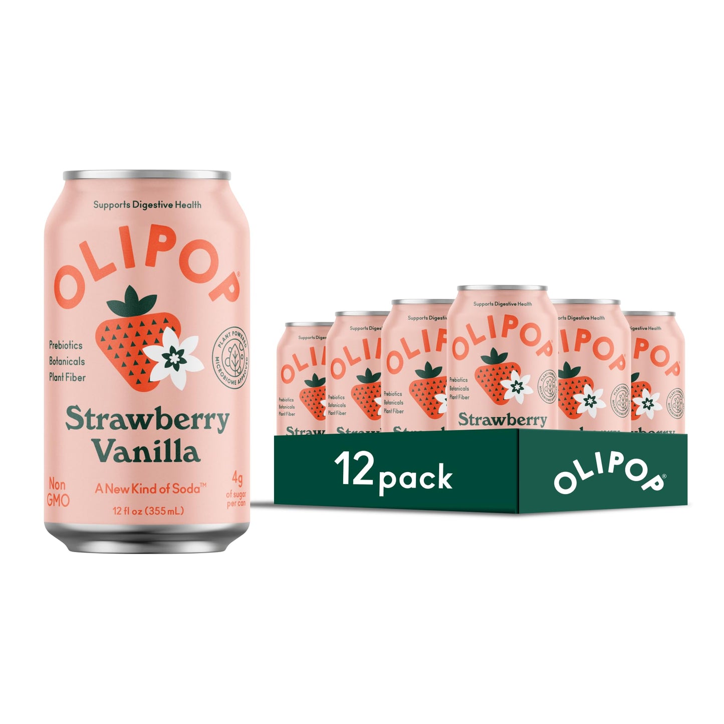 OLIPOP Prebiotic Soda, Strawberry Vanilla, Gluten Free, Vegan, 12 Fl Oz (Pack of 12)
