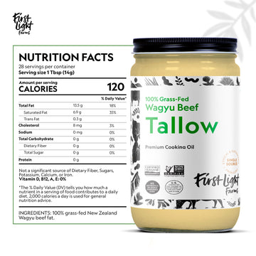 First Light Wagyu Beef Tallow | 100% Grass-Fed, 14oz Glass Jar | Gluten-Free, Dairy-Free, Perfect for Keto & Whole30