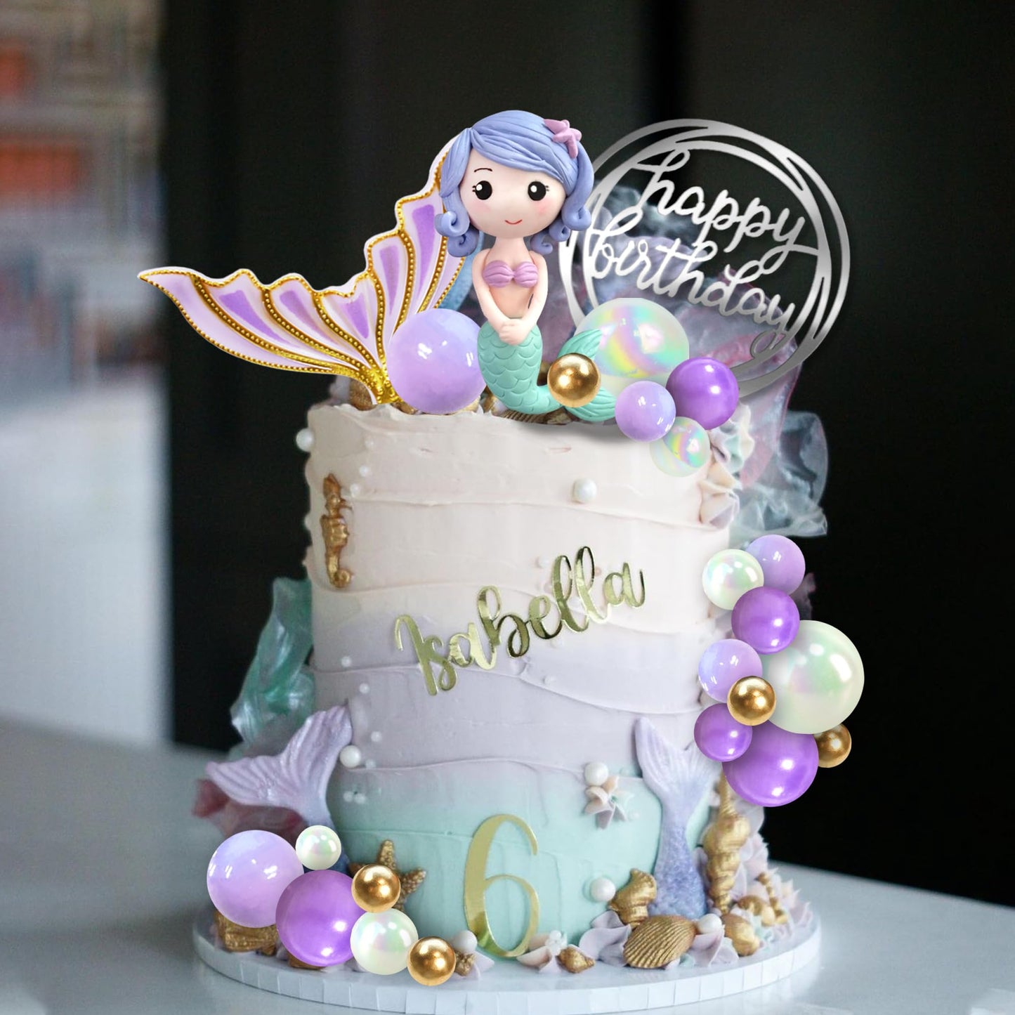 Mermaid Cake Toppers Under The Sea Mermaid Tail Cake Decorations Gold Purple Pearl Ball For Girl Kid Birthday Party Mermaid Them