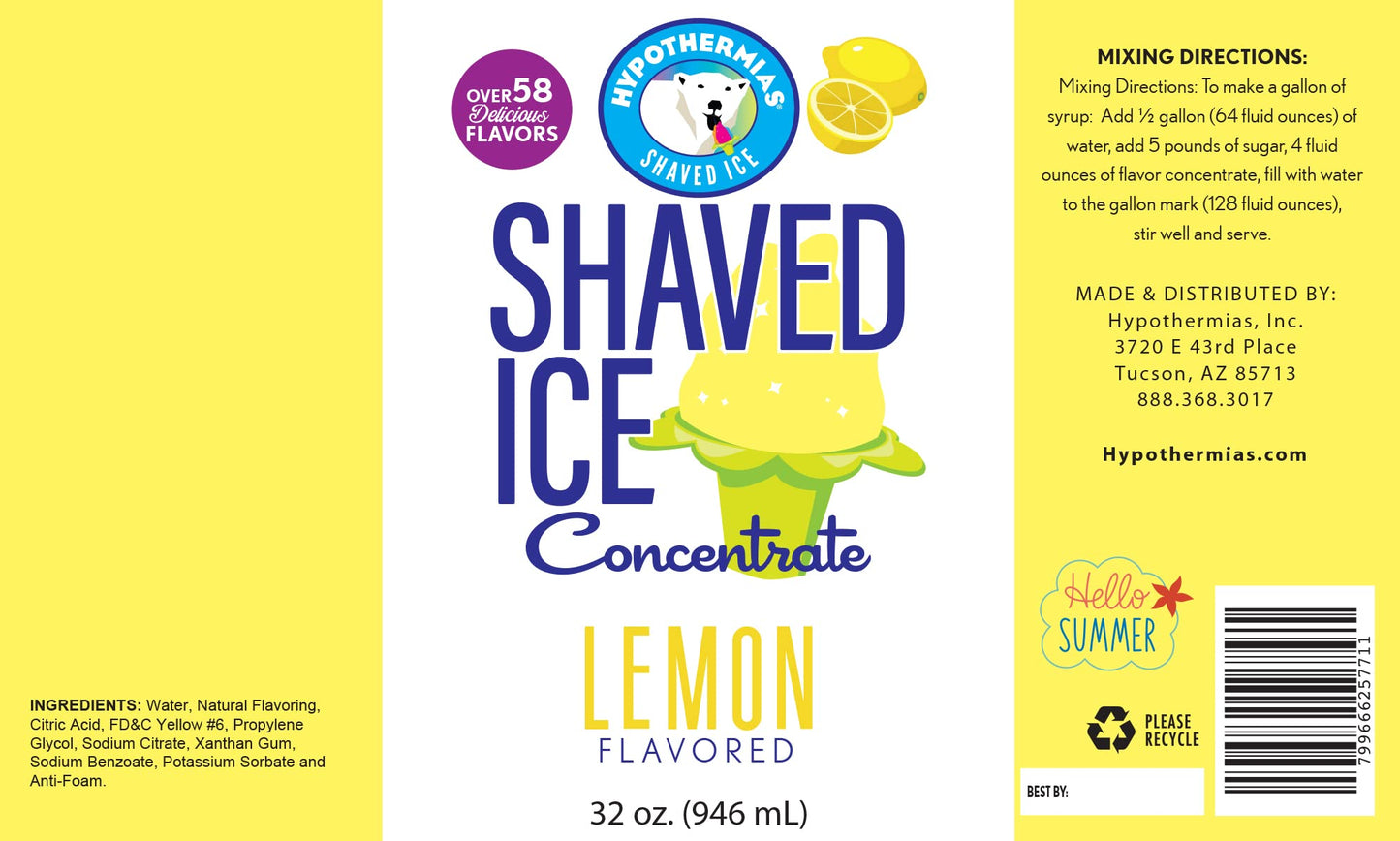 Hypothermias Shaved Ice Syrup Concentrate - Lemon Flavor - 32 Fl Oz Quart - Unsweetened - Makes 8 Gallons