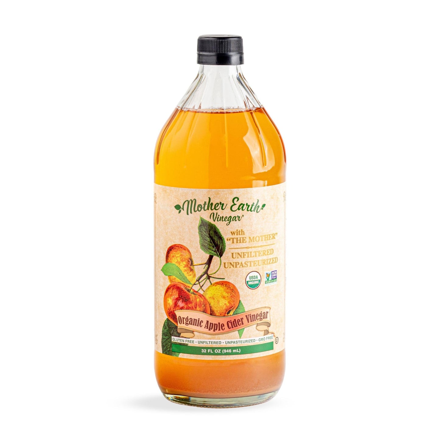 Mother Earth Vinegar Organic Apple Cider Vinegar with The Mother, Raw, Unfiltered, 32 Fl Oz Glass Bottle