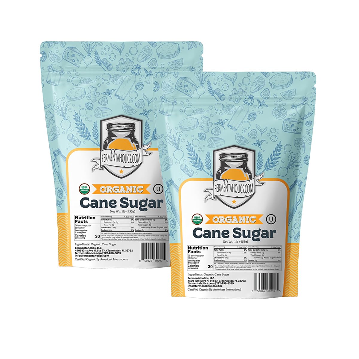 Fermentaholics Organic Cane Sugar - 2 Pack (1 lb Each) - Natural Sweetener for Fermentation, Cooking & Drinks - OU Kosher, Non-G