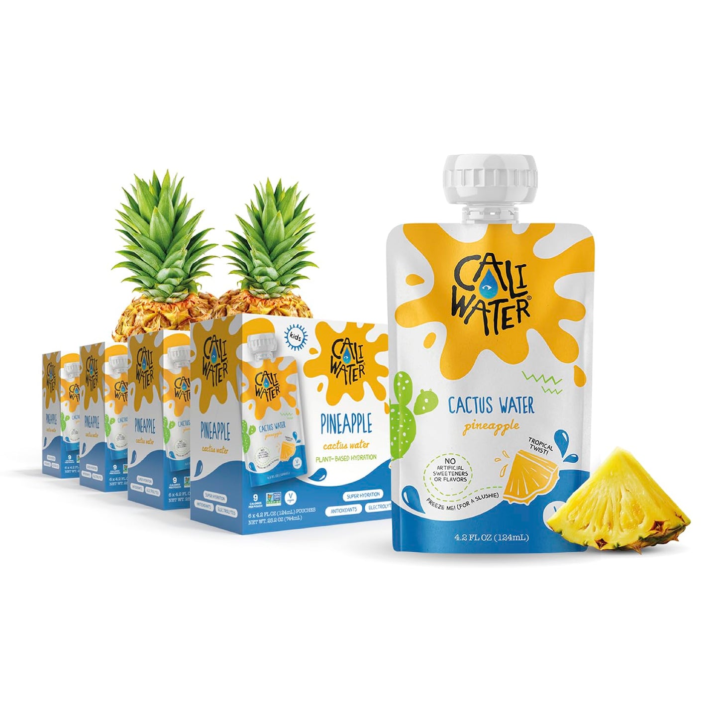 Caliwater - Kids Organic Cactus Water Pouches - Pineapple - 10 Calories - Natural Plant Based Hydration Drinks - Flavored Water - Replace Coconut Water Juice Boxes - Vegan Electrolytes - 24 Count