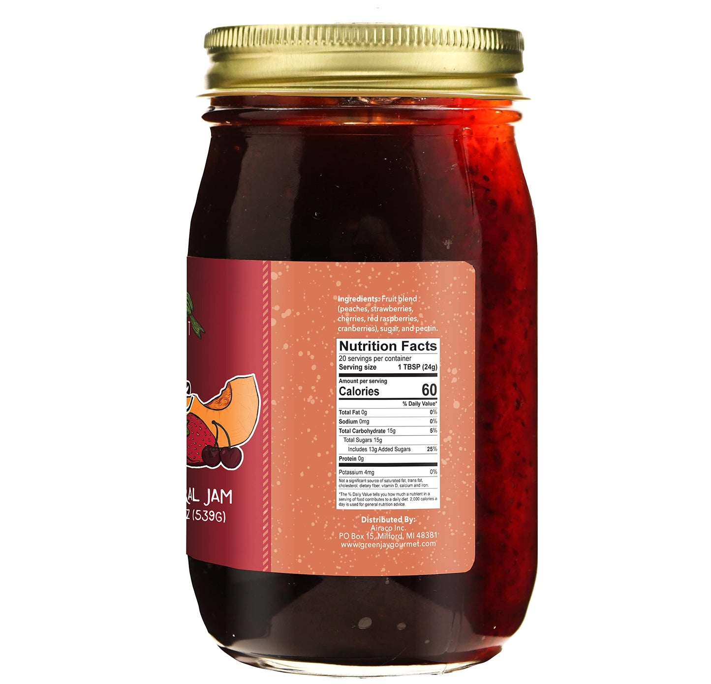 Green Jay Gourmet Traffic Jam - All-Natural Raspberry Jam With Peaches, Red Raspberries, Cherries & Cranberries - Vegan, Gluten-