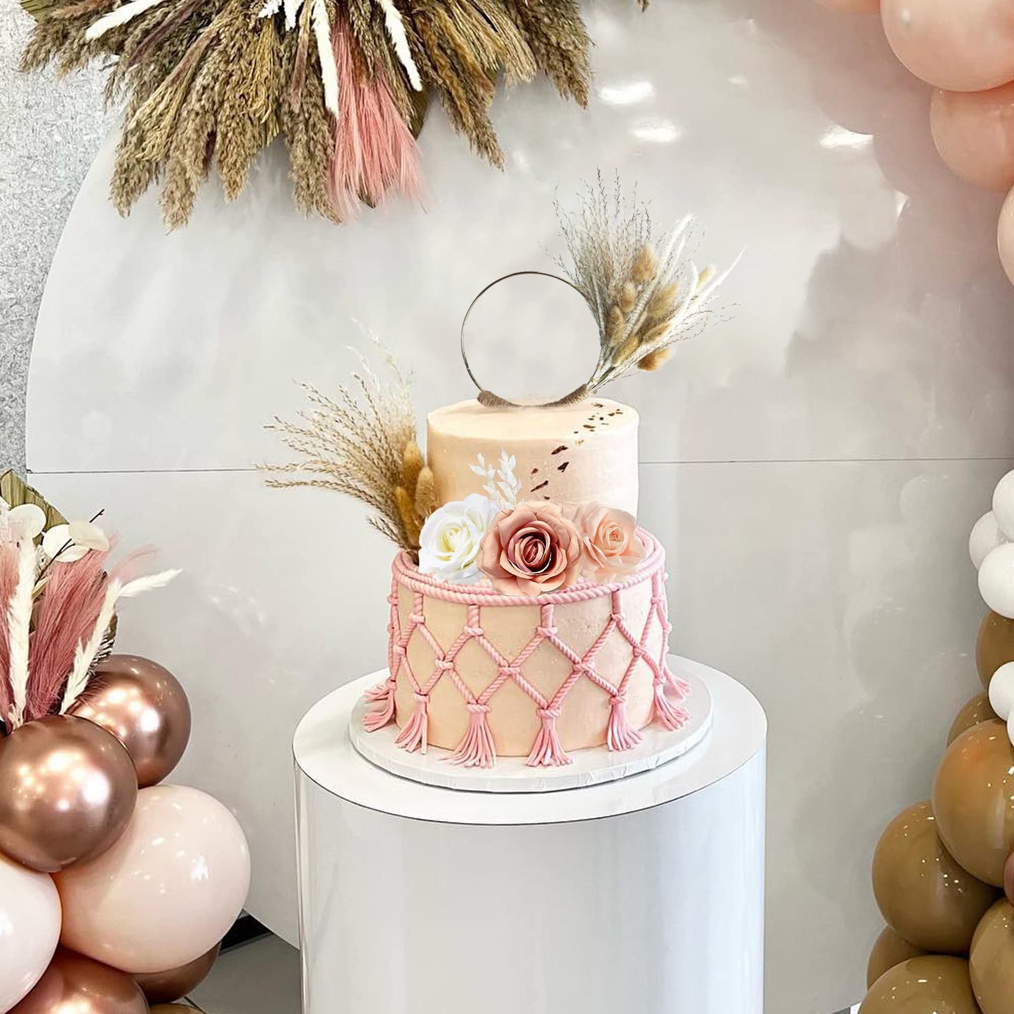 Boho Cake Decorations Flower Cake Toppers Pampas Grass Cake Topper For Wedding Bridal Baby Shower Birthday Party Supplies (Apric
