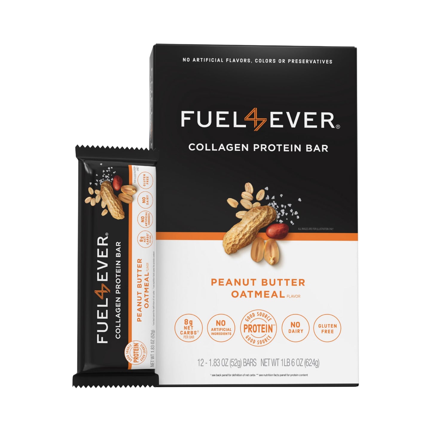 Fuel 4 Ever Peanut Butter Oatmeal Collagen Protein Bars, 14g Protein, MCT Oil, No Artificial Ingredients, Low Carb, High Fiber S