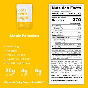 Oats Overnight Vegan Breakfast Shake - Maple Pancakes, 20g Protein, High Fiber, Gluten Free, 2.5 oz (Pack of 8)