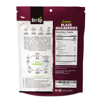 Berrilys Organic Dried Mulberries, Non-GMO, Unsulfured, Raw, 10 oz, Vegan Snack